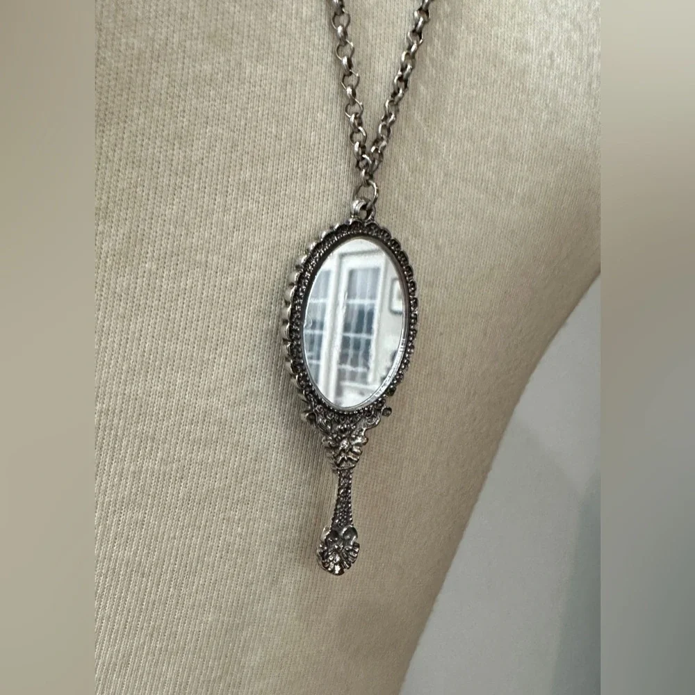 Vintage Silver Hand Mirror Pendant Necklace